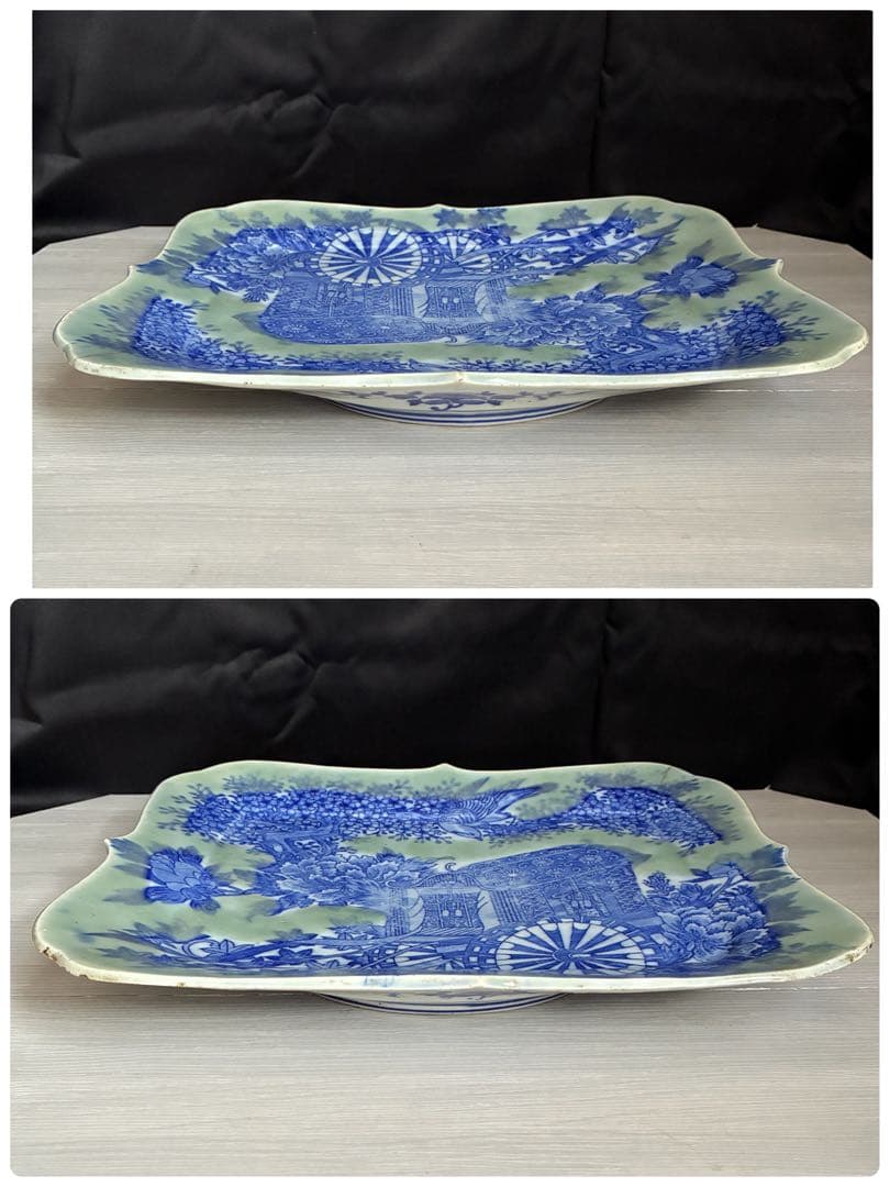 時代物 印判　特大皿　御所車 牡丹 枝垂れ桜 縁起物 骨董 大皿　金継ぎ用