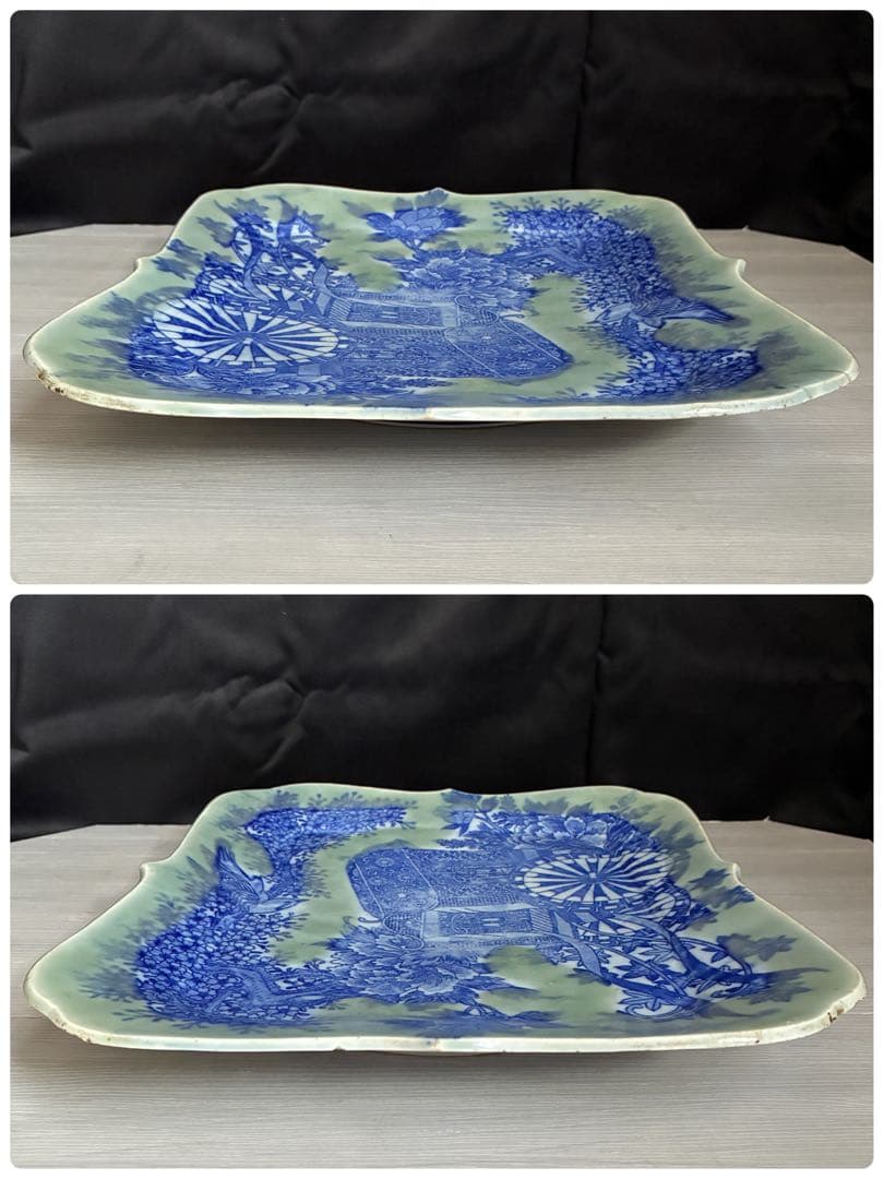 時代物 印判　特大皿　御所車 牡丹 枝垂れ桜 縁起物 骨董 大皿　金継ぎ用