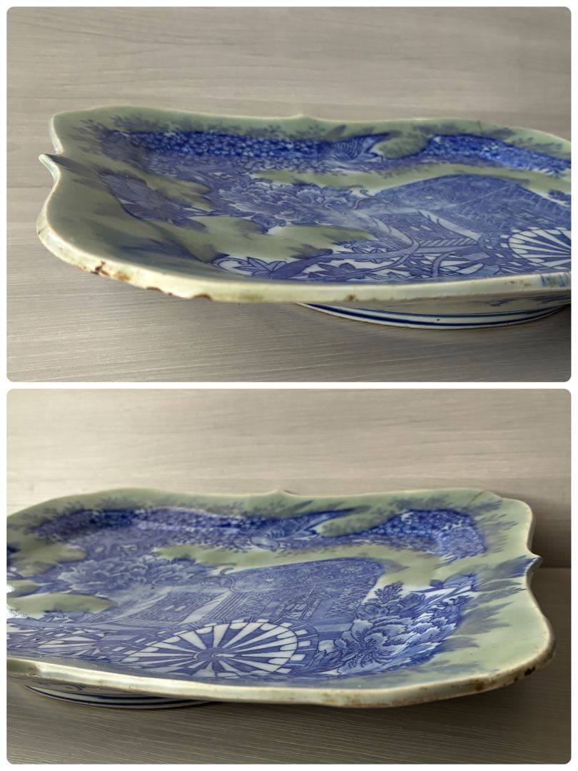 時代物 印判　特大皿　御所車 牡丹 枝垂れ桜 縁起物 骨董 大皿　金継ぎ用