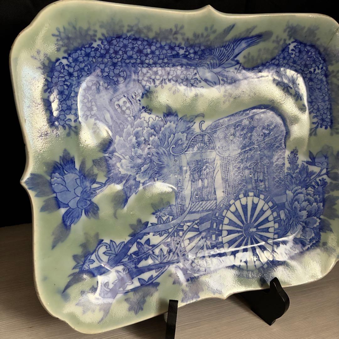 時代物 印判　特大皿　御所車 牡丹 枝垂れ桜 縁起物 骨董 大皿　金継ぎ用