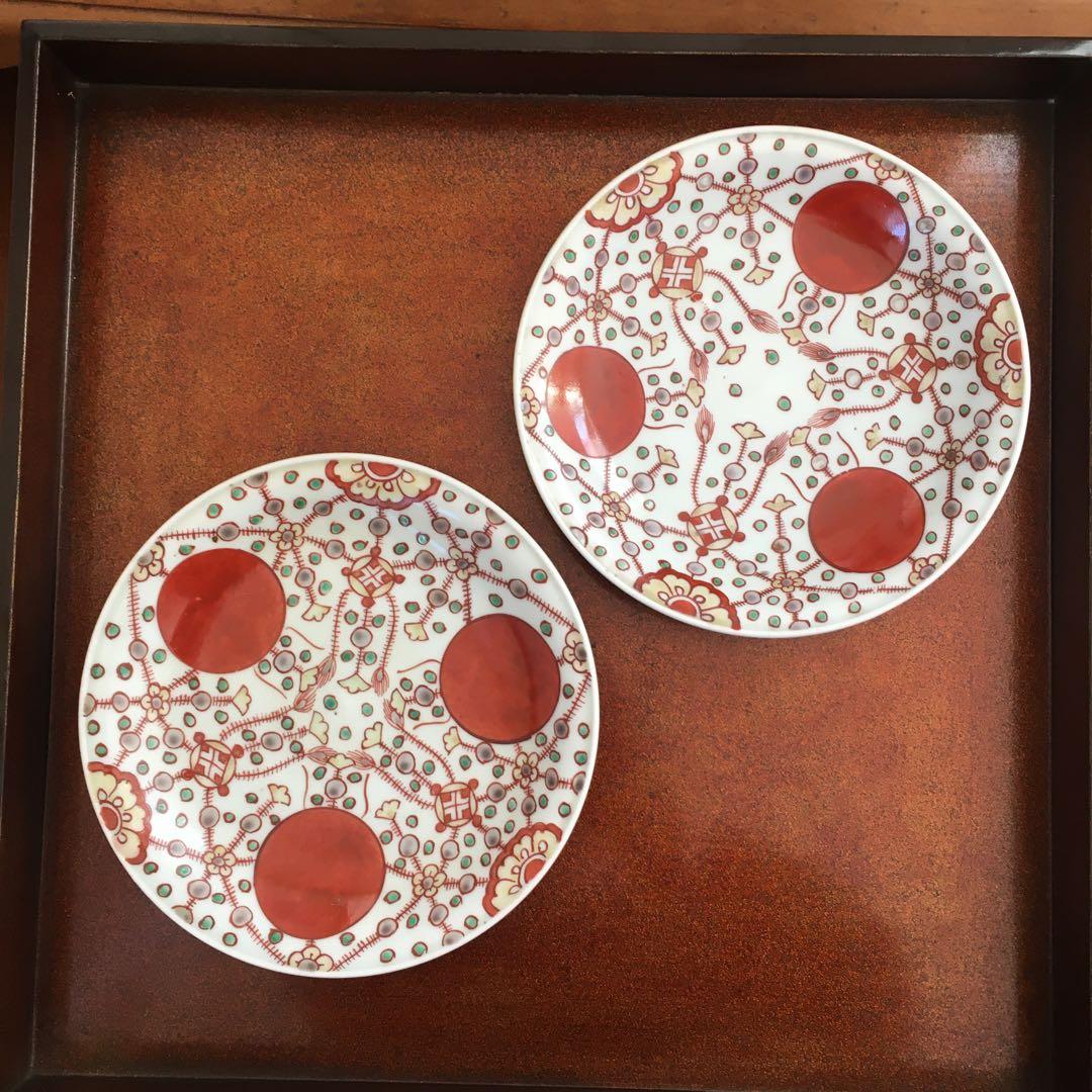 甲斐マロン様リクエス 古伊万里　赤玉瓔珞文中皿2客　17cm