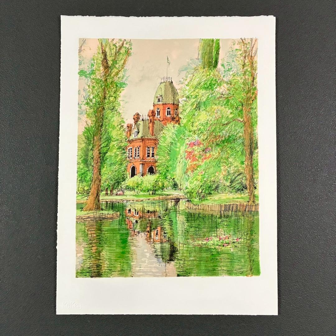 美品 小田切訓「道庁の池」リトグラフ 古径のエンボス印有 北海道 風景画