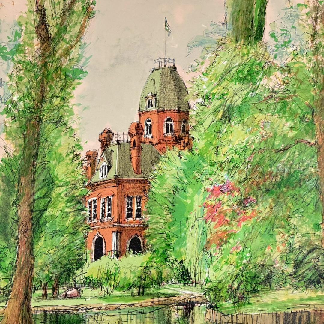 美品 小田切訓「道庁の池」リトグラフ 古径のエンボス印有 北海道 風景画