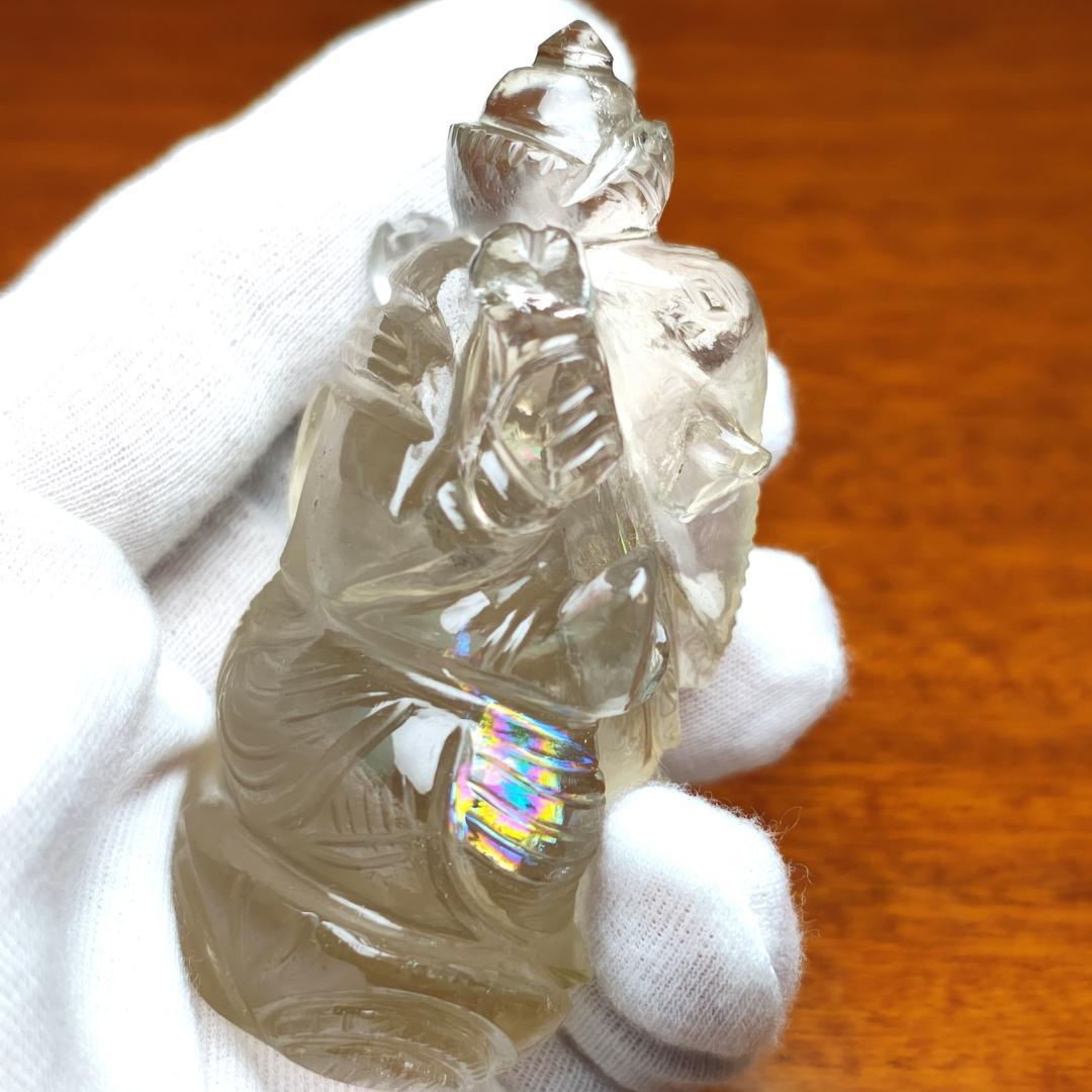 【No,11】ネパール ヒマラヤ水晶製 インドの神様 ガネーシャ立像 虹 煙水晶