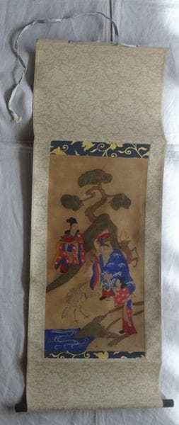 アンティーク 神社 歳徳神 正月さま 寿老人 七福神 童子 鹿 鶴亀 紙本 掛軸