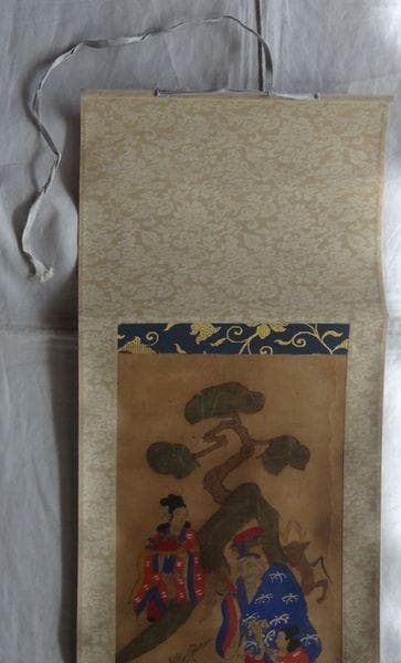 アンティーク 神社 歳徳神 正月さま 寿老人 七福神 童子 鹿 鶴亀 紙本 掛軸