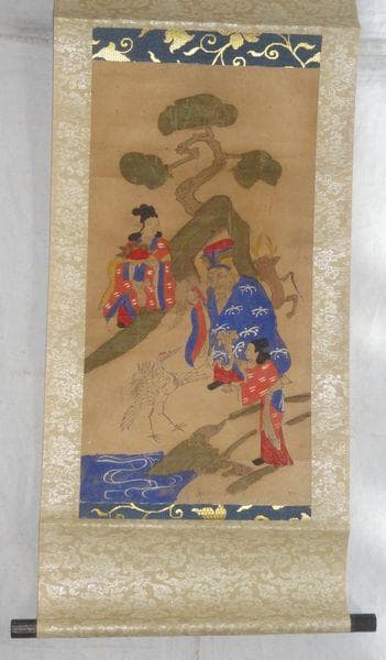アンティーク 神社 歳徳神 正月さま 寿老人 七福神 童子 鹿 鶴亀 紙本 掛軸