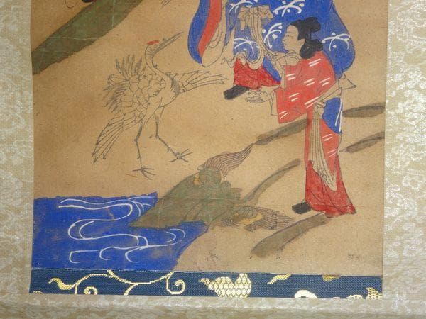 アンティーク 神社 歳徳神 正月さま 寿老人 七福神 童子 鹿 鶴亀 紙本 掛軸