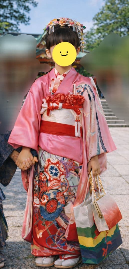 七五三 5歳 7歳 ピンク、赤 アンティーク 着物 帯　つまみ細工髪飾りセット