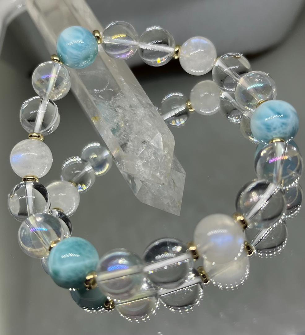 ラリマー×レインボームーンストーン×オーロラ水晶(純金コーティング)