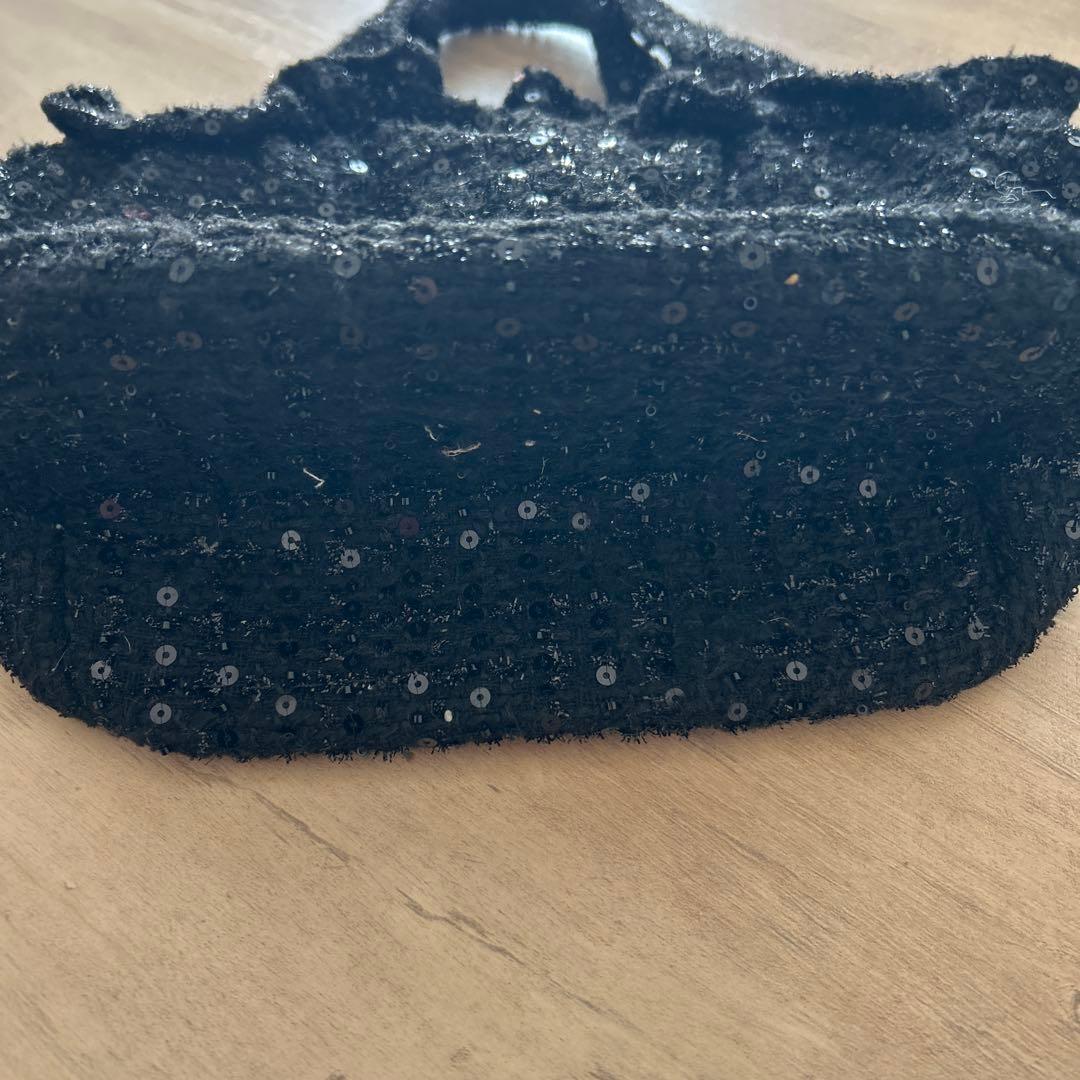 ザハバイエリー　フリルバッグ Tweedy Bebe 黒ツイードトートバッグ
