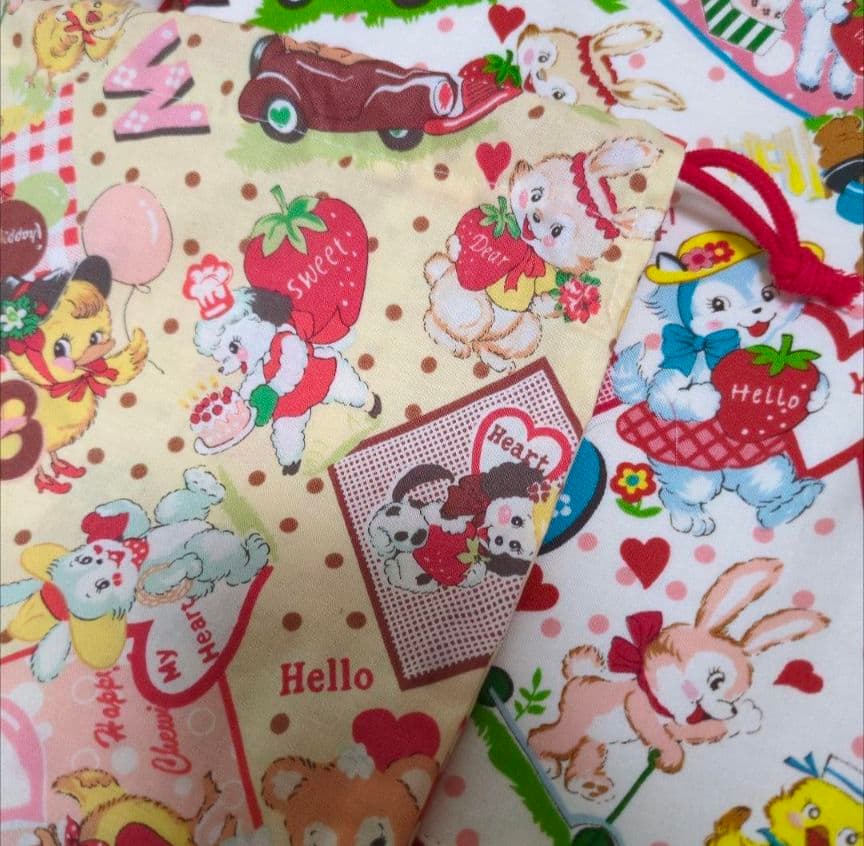 レトロアニマル　赤　ストライプ　ハンドメイド　レッスンバック　靴袋　巾着　給食袋