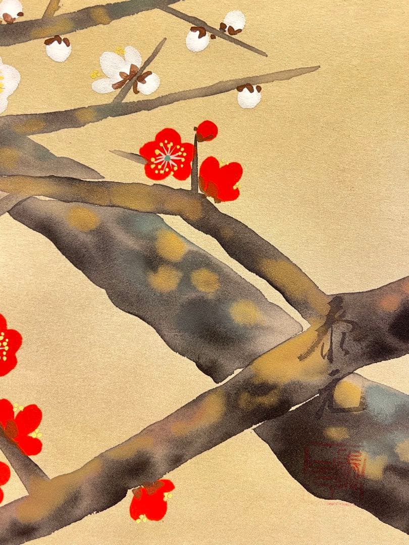 秀元 肉筆 「春梅」 日本画 絵画 掛軸 掛け軸 茶掛 梅 春