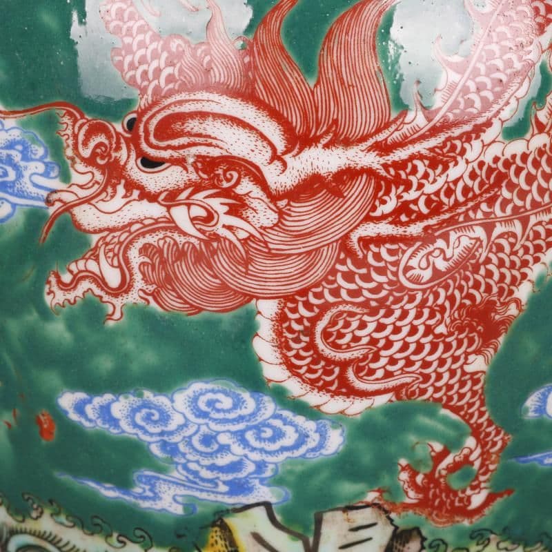 清雍正緑地粉彩龍鳳紋茶蓋缶 景徳鎮 陶磁器 装飾品 現代工芸品美術品 置物