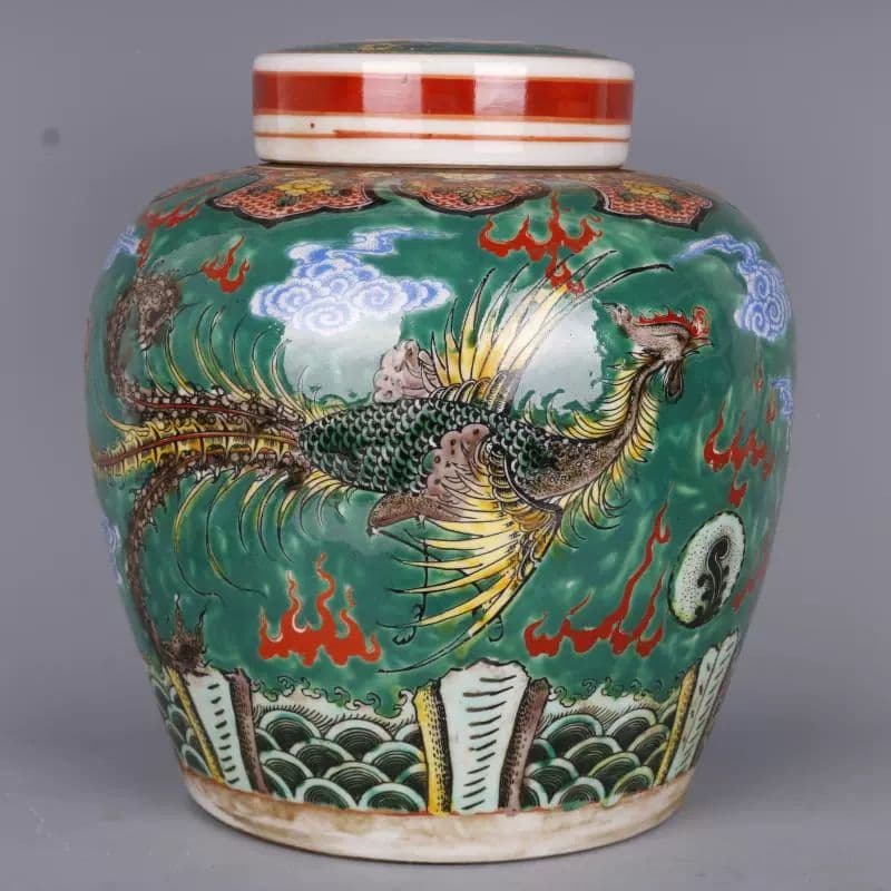 清雍正緑地粉彩龍鳳紋茶蓋缶 景徳鎮 陶磁器 装飾品 現代工芸品美術品 置物