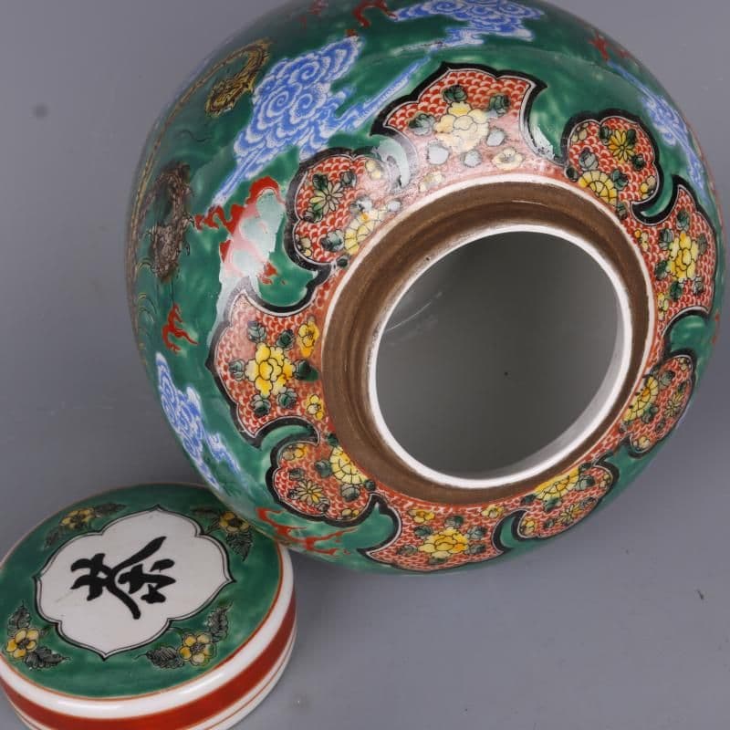 清雍正緑地粉彩龍鳳紋茶蓋缶 景徳鎮 陶磁器 装飾品 現代工芸品美術品 置物