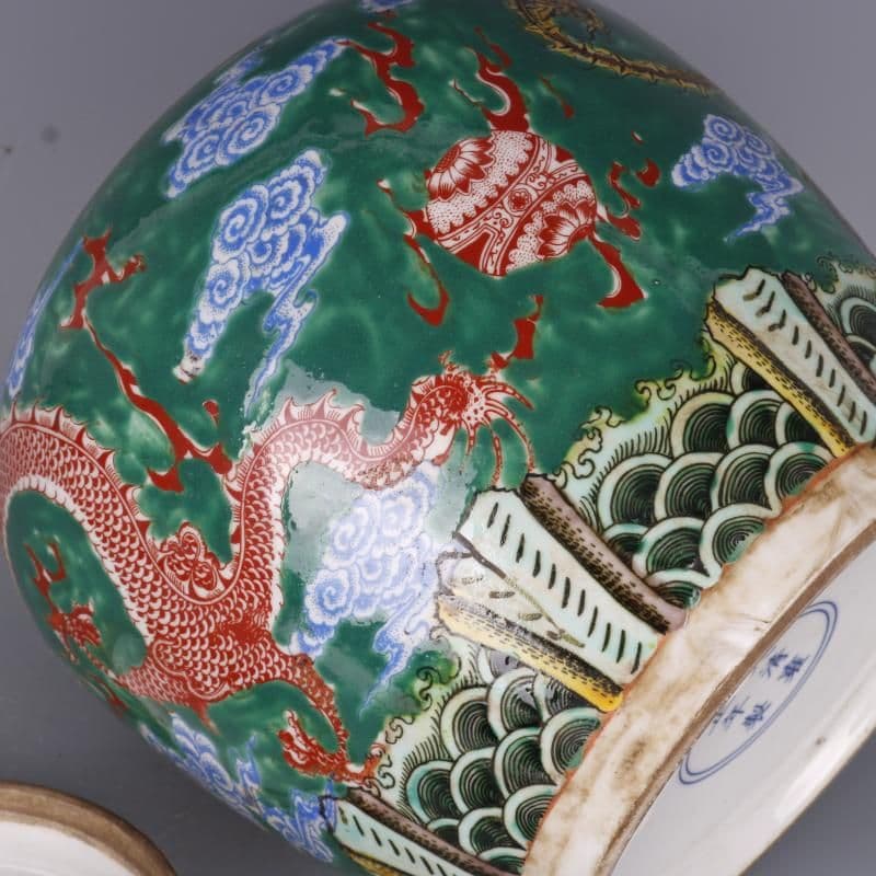 清雍正緑地粉彩龍鳳紋茶蓋缶 景徳鎮 陶磁器 装飾品 現代工芸品美術品 置物