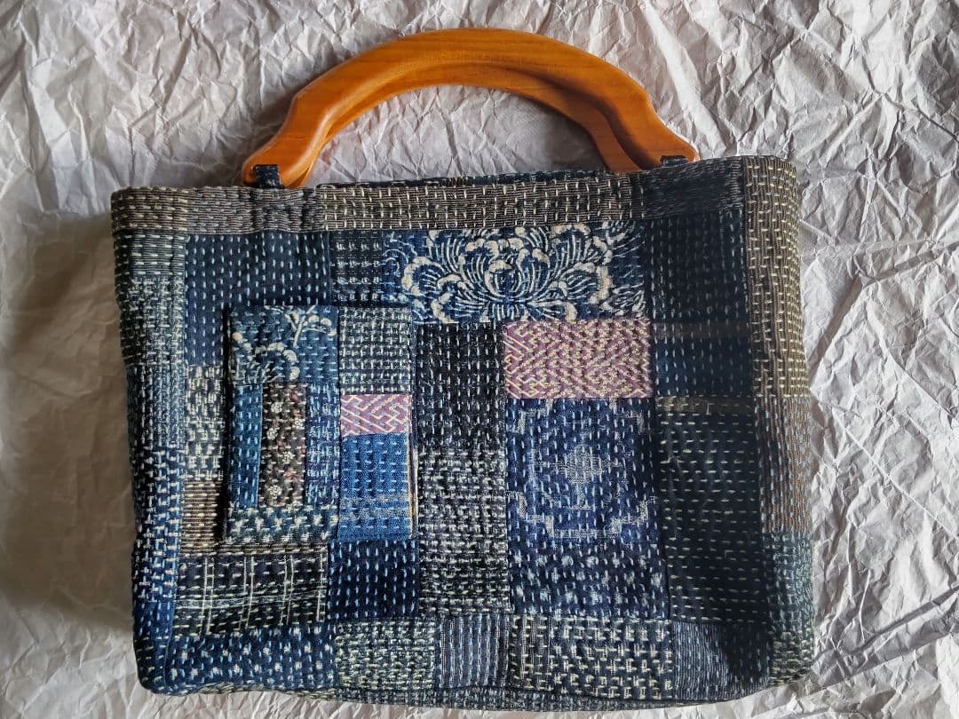 古布 パッチワーク バッグ 刺し子 絣 型染め 鶴 襤褸