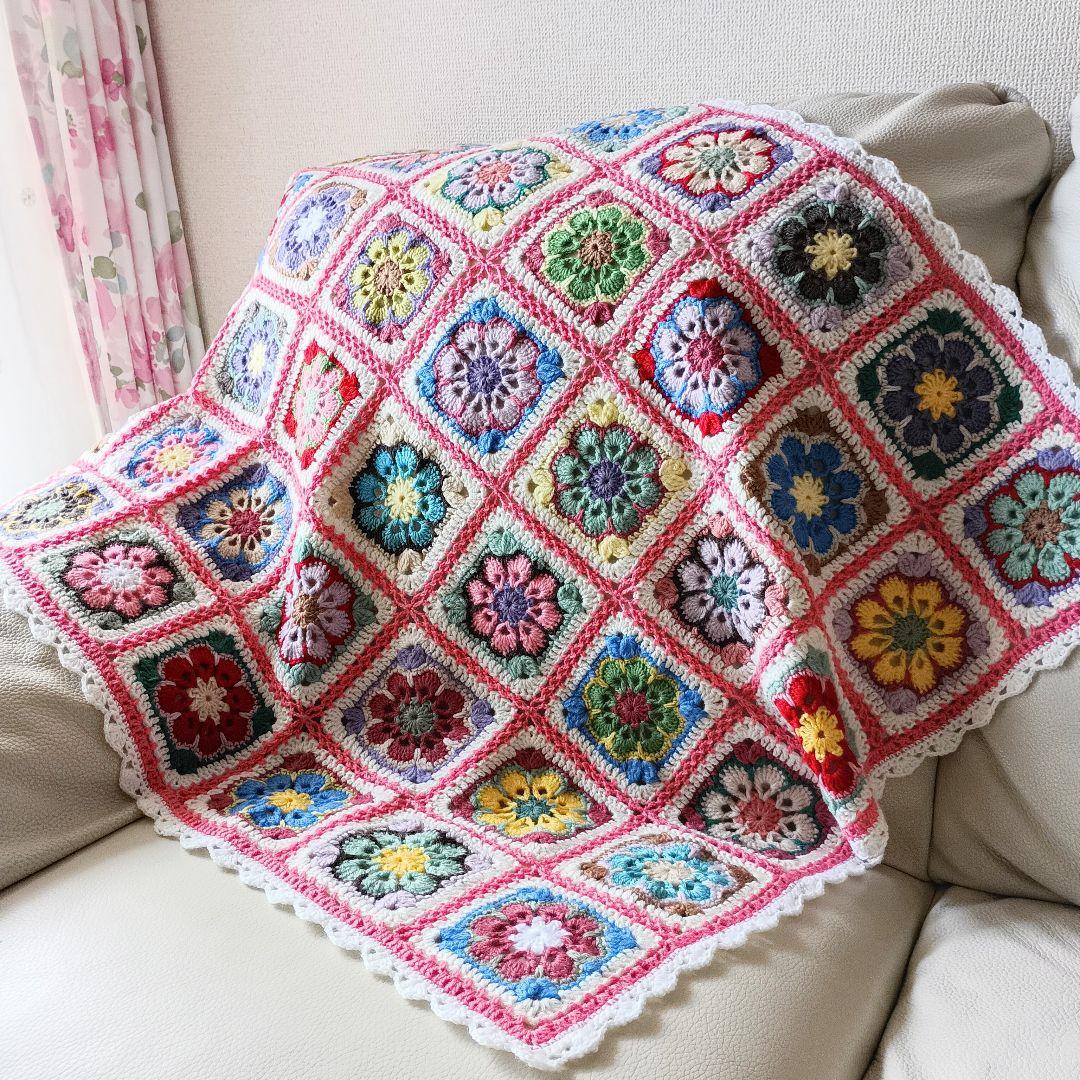 手編みブランケット★フラワーモチーフ★お花★グラニースクエア★アフリカンフラワー