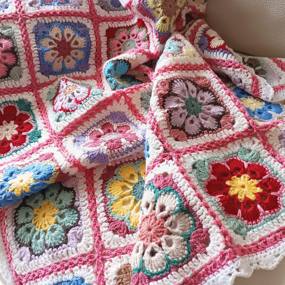 手編みブランケット★フラワーモチーフ★お花★グラニースクエア★アフリカンフラワー