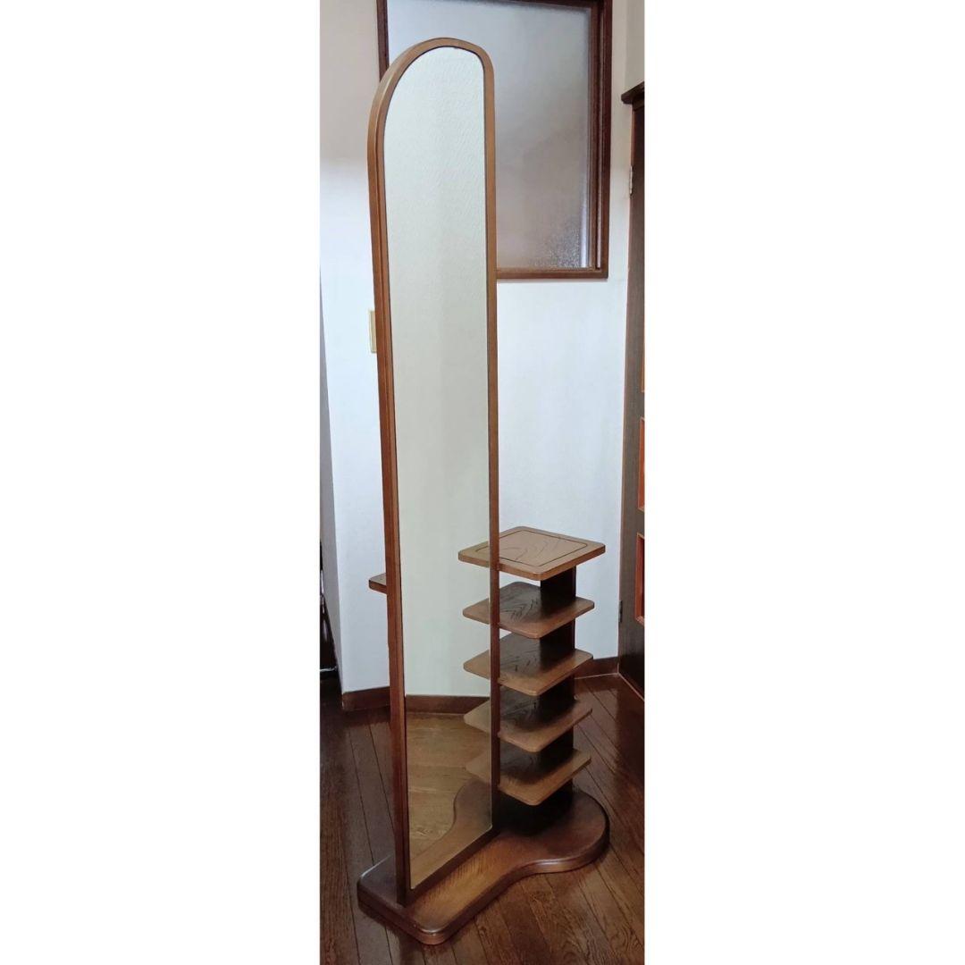 木製 全身鏡 スタンドミラー 収納ラック付き