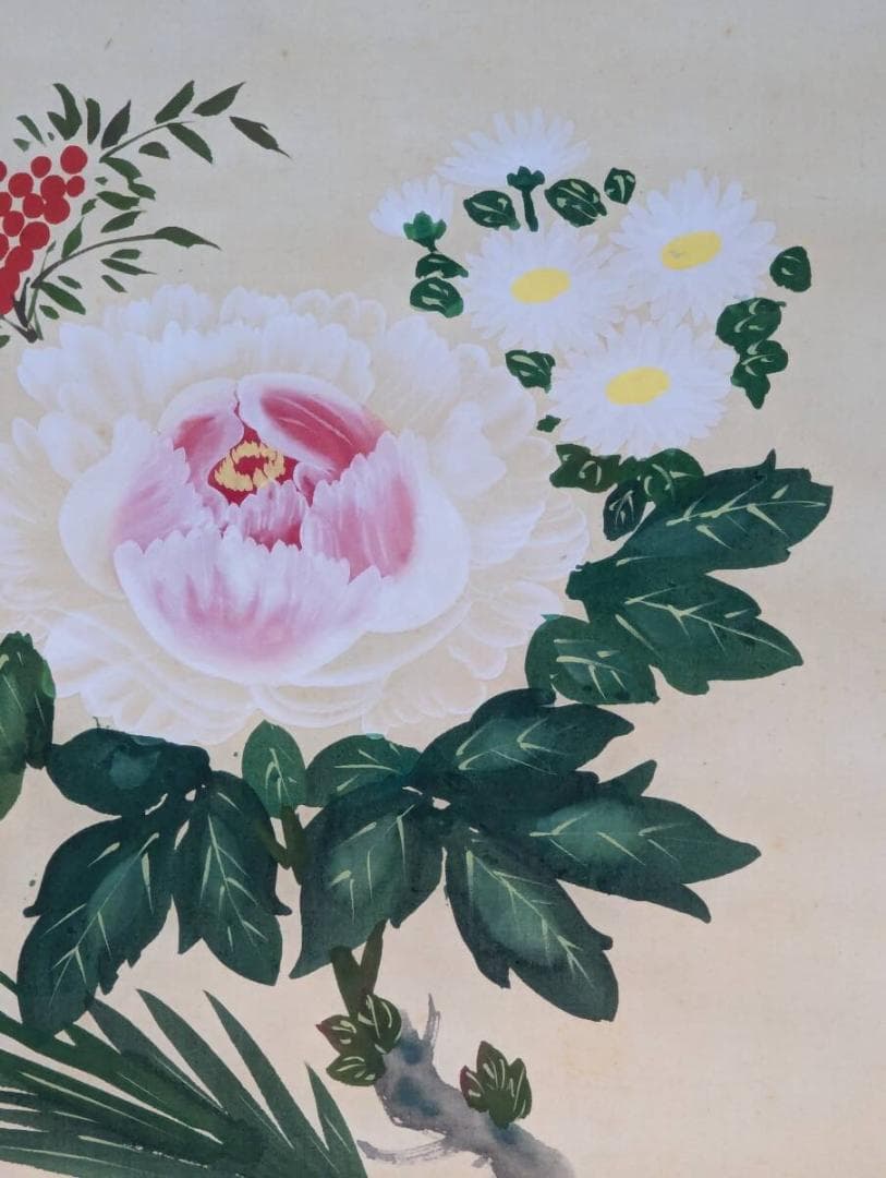 【真作】掛軸　花鳥画掛軸　牡丹に南天　小禽図　華麗なる吉祥の一幅　V141