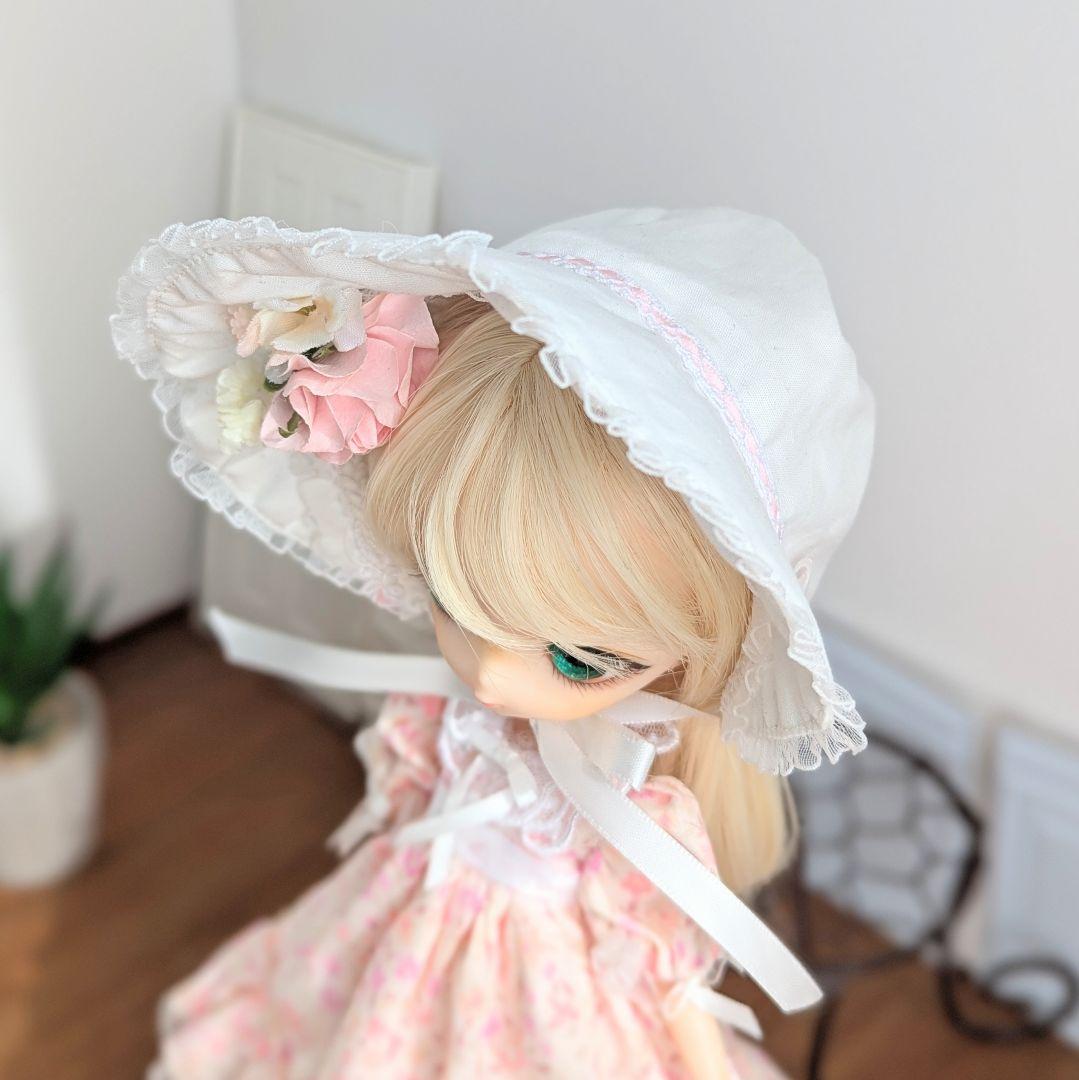 1554【ハルモニアブルーム服 】ピンクの花柄ワンピースとボンネットのセット