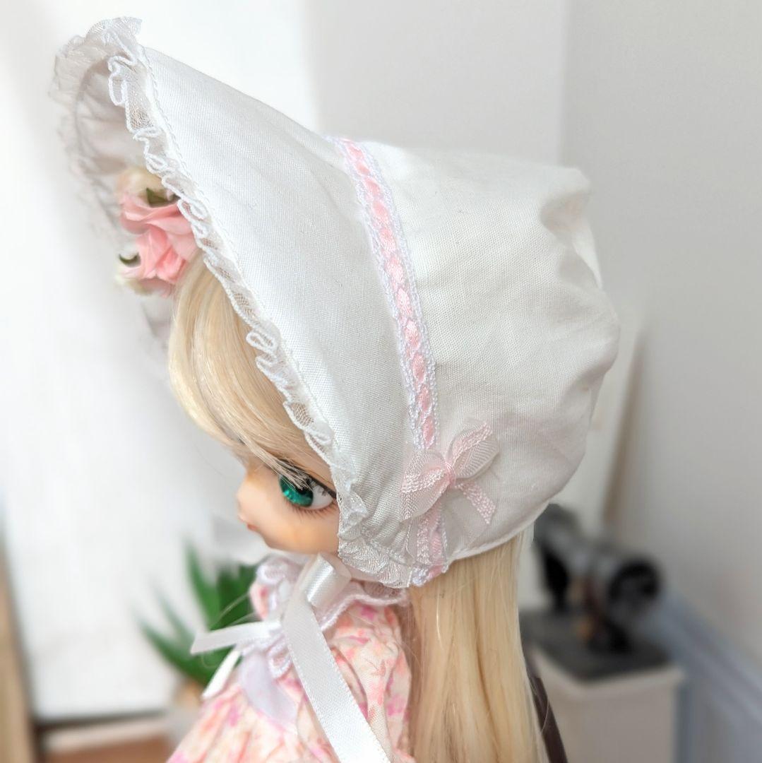 1554【ハルモニアブルーム服 】ピンクの花柄ワンピースとボンネットのセット