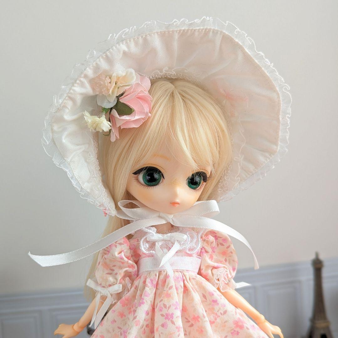 1554【ハルモニアブルーム服 】ピンクの花柄ワンピースとボンネットのセット