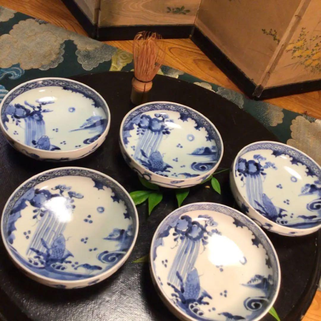 A526 古伊万里　柿右衛門　『渦福』染付　鯉の滝登り紋様　鉢　5客（共箱付）