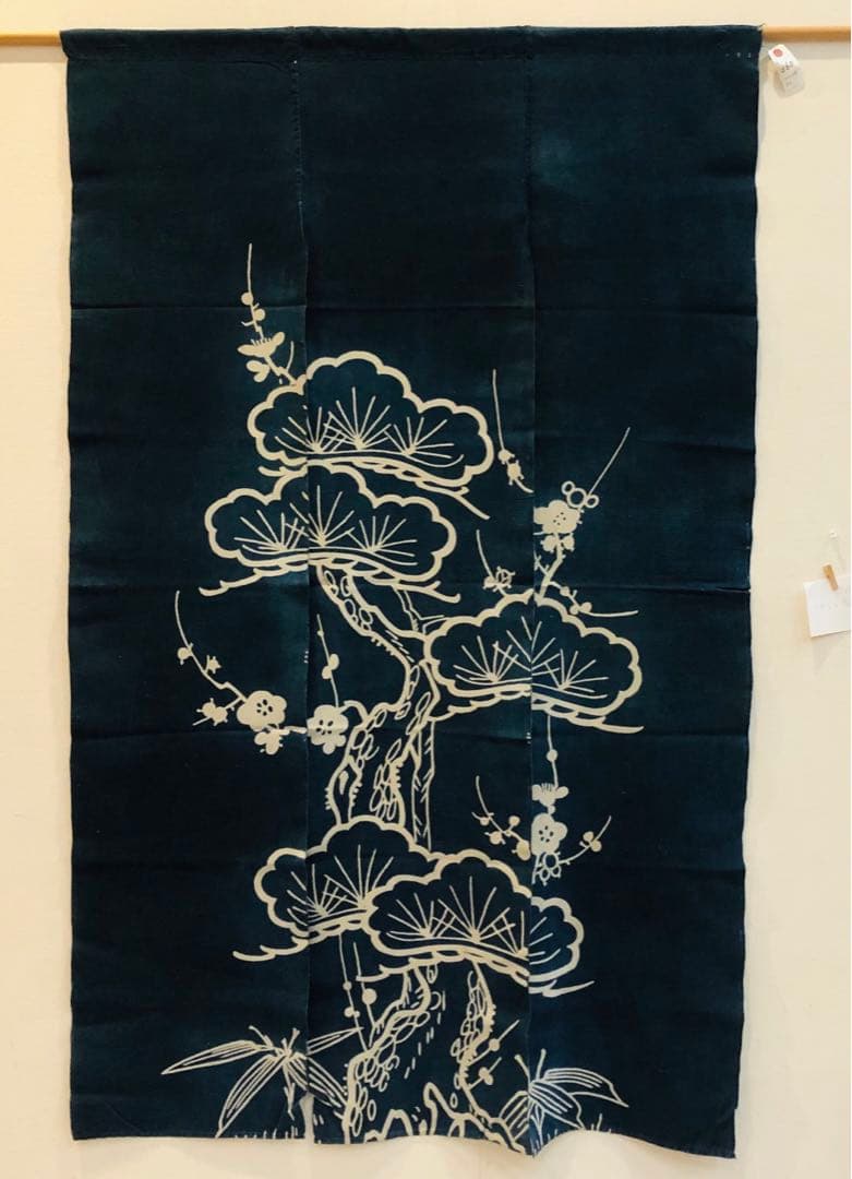 藍染筒描き三巾加賀のれん時代物木綿古布　ソ-360