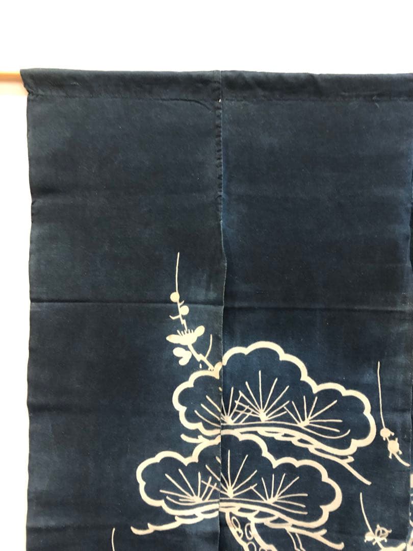 藍染筒描き三巾加賀のれん時代物木綿古布　ソ-360