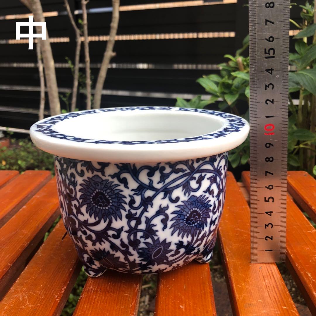 青と白の花柄　陶器製　植木鉢 3サイズ　大中小セット　三点脚　3点足