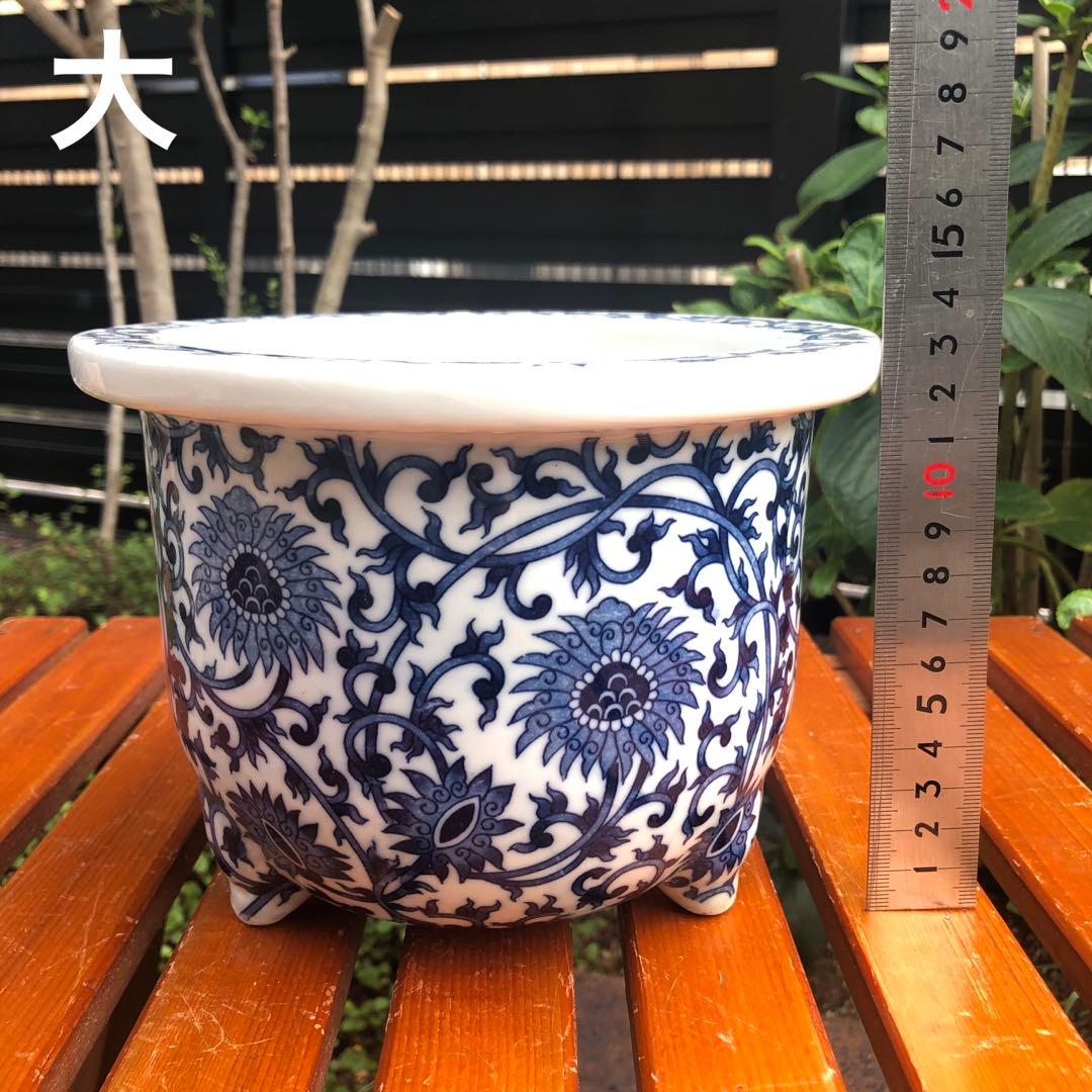 青と白の花柄　陶器製　植木鉢 3サイズ　大中小セット　三点脚　3点足