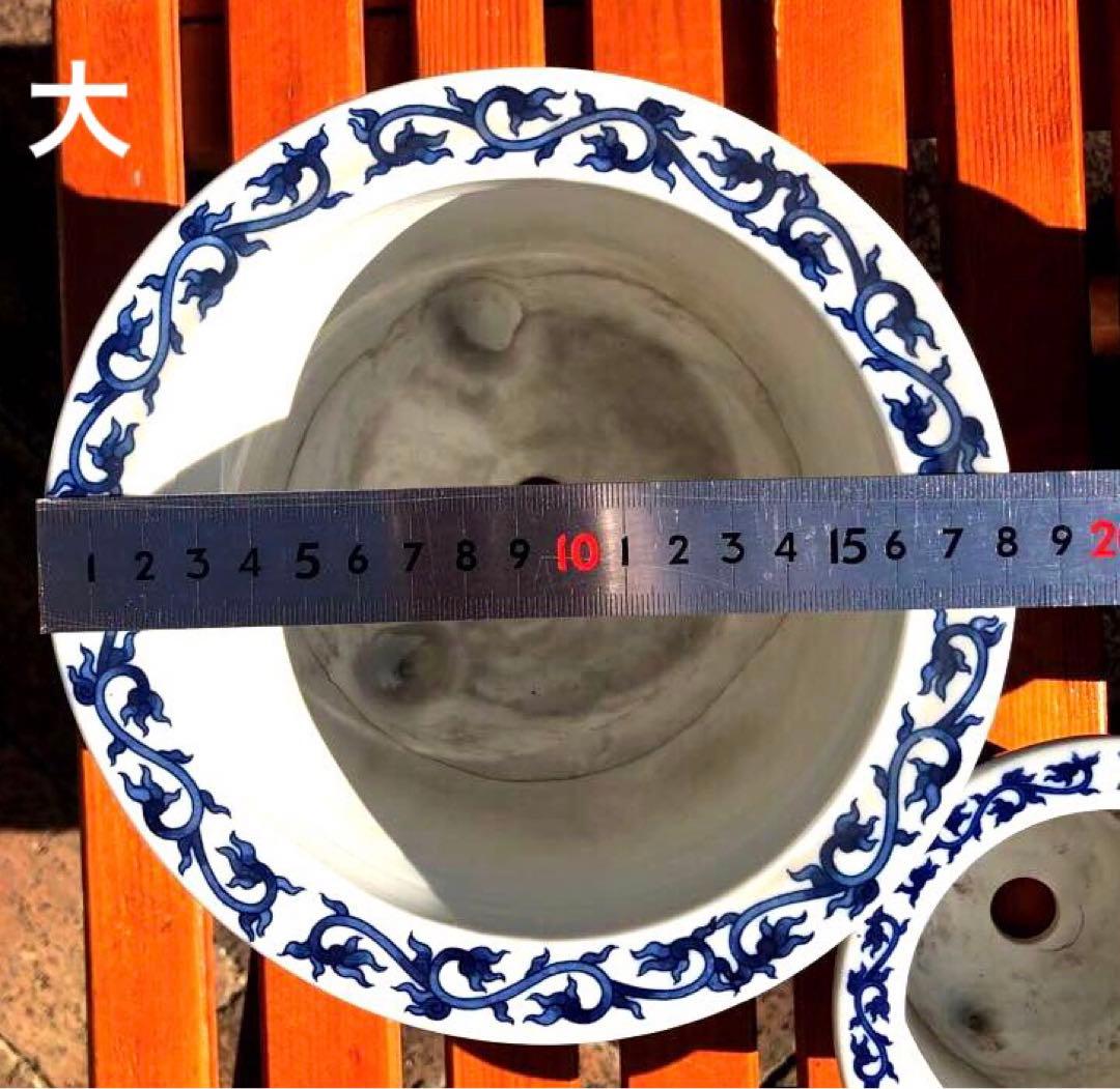 青と白の花柄　陶器製　植木鉢 3サイズ　大中小セット　三点脚　3点足