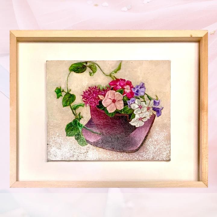 花の絵/日々草 油彩画F3 木製フレーム付き 花言葉/生涯の友情