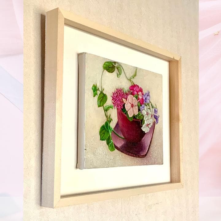 花の絵/日々草 油彩画F3 木製フレーム付き 花言葉/生涯の友情