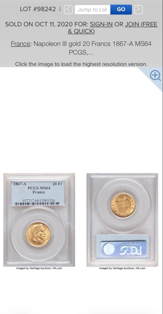 1867年 フランス 20フラン金貨 ナポレオン3世 PCGS MS64 有冠