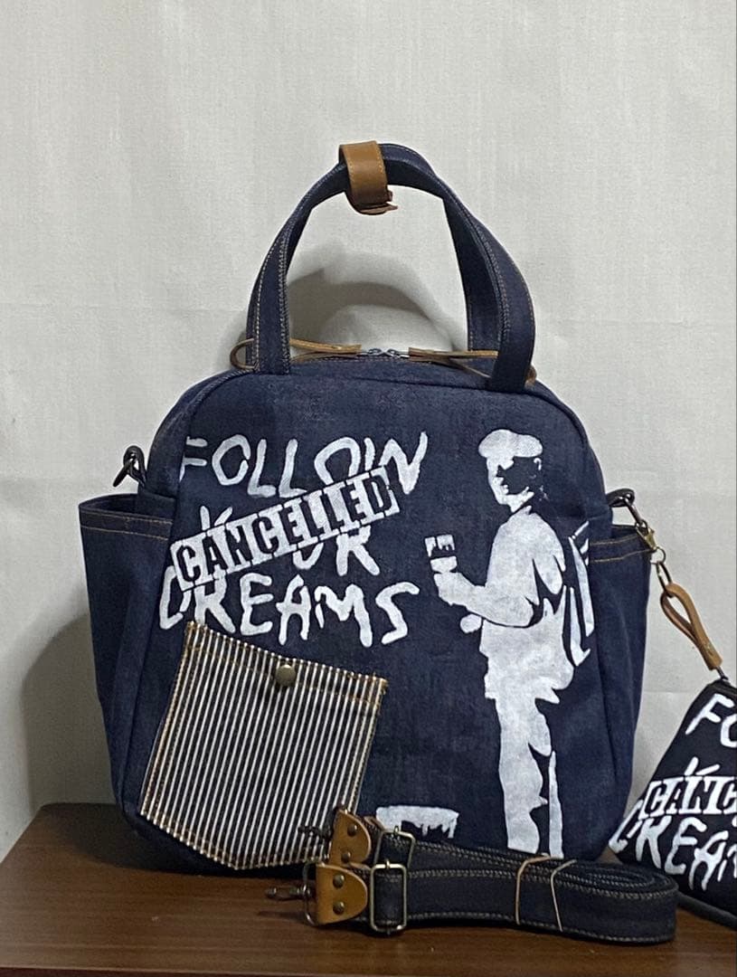 ☆岡山デニム☆ステンシル☆バンクシー☆☆4wayボストンバッグ