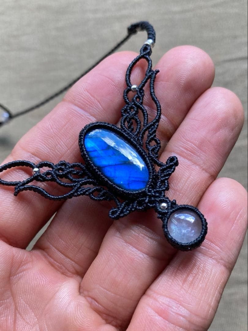 ラブラドライト　アクアマリン　マクラメネックレス