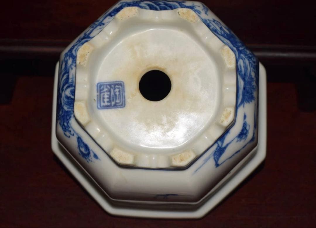 希少 陶雀作 染付山水図 外縁六角盆栽鉢 時代物 無傷美品 約11.3cm