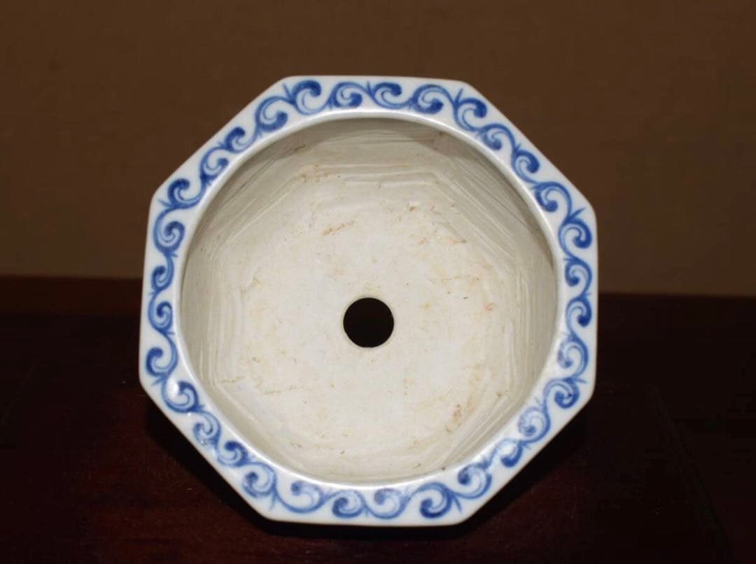 希少 陶雀作 染付山水図 外縁六角盆栽鉢 時代物 無傷美品 約11.3cm