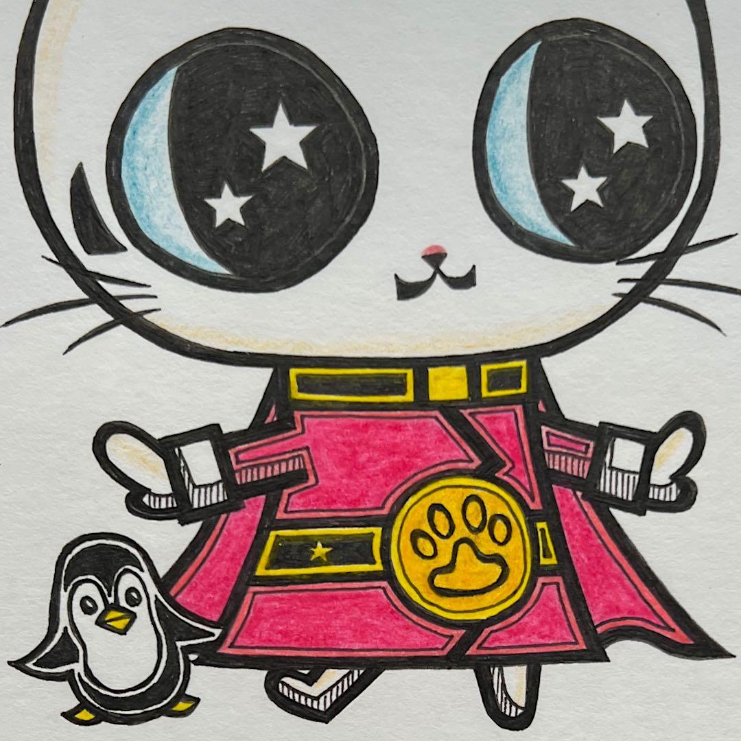 動物 原画 絵 手描き 癒し 猫 アート 一点物 額縁付『ピンク』