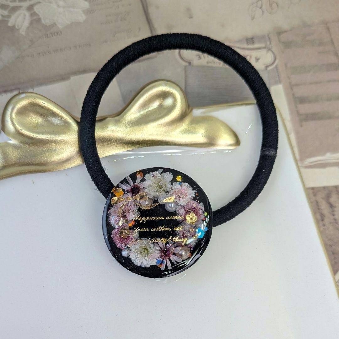 ＃475 ブラック✴桜❀リース✴レジンヘアゴムキーホルダーブローチ