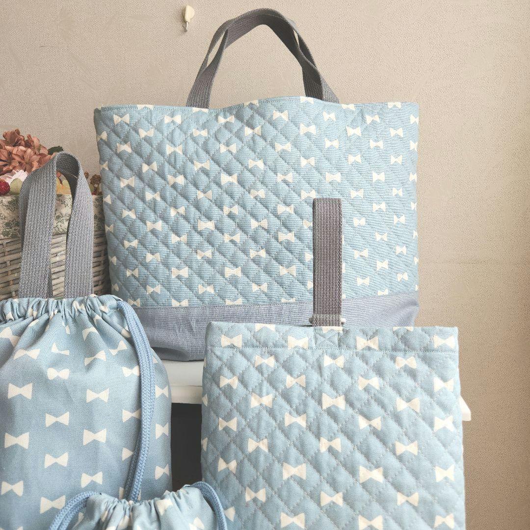 ✴ご予約済✴リボン柄　絵本袋他合計5点セット　入園入学準備　水色 おまけ巾着付