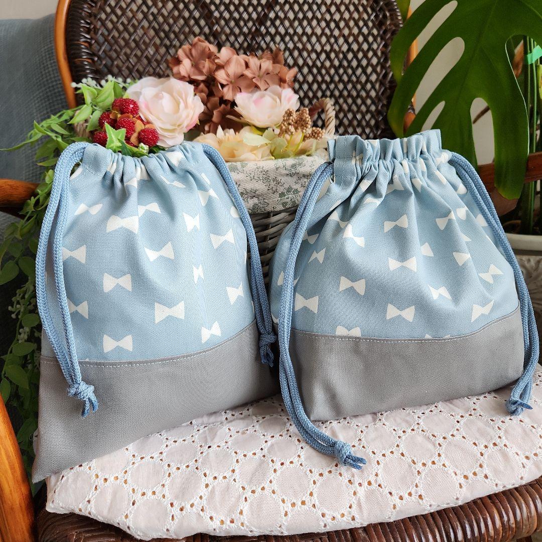 ✴ご予約済✴リボン柄　絵本袋他合計5点セット　入園入学準備　水色 おまけ巾着付