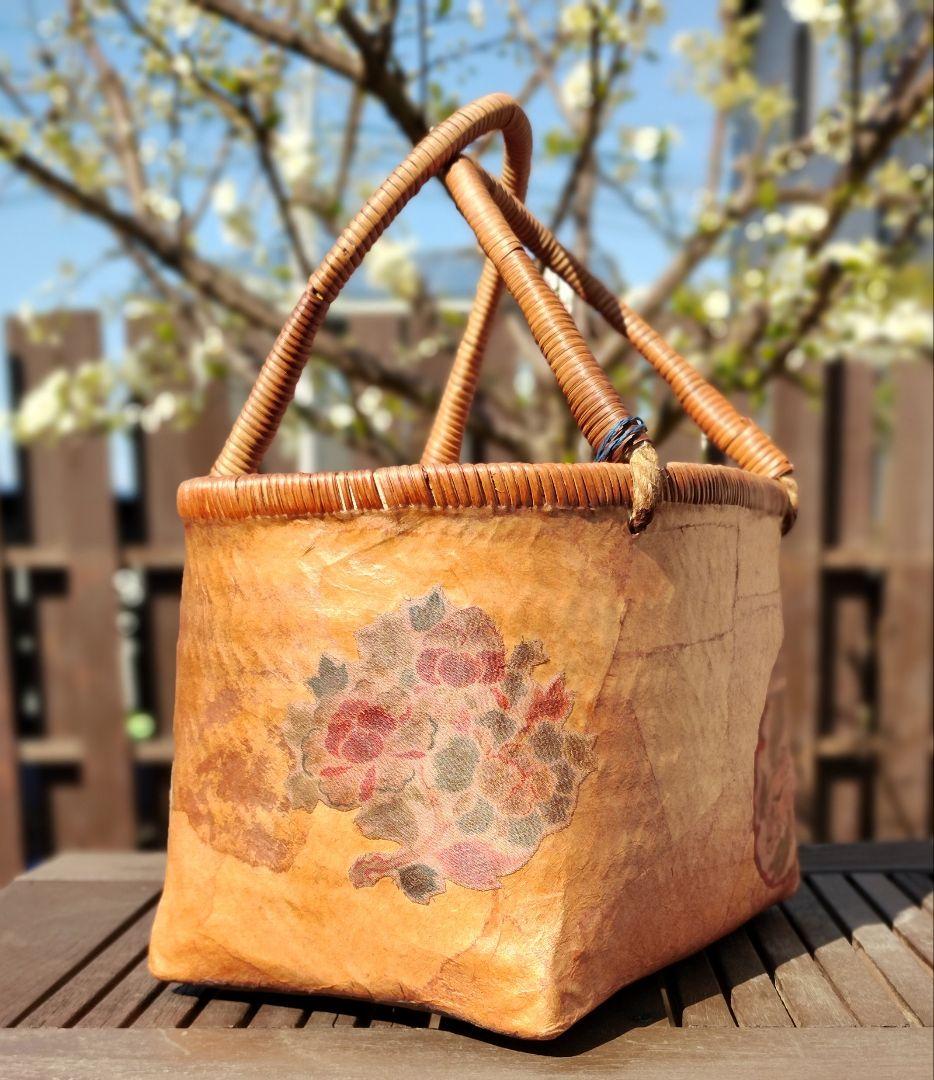 一閑張りバッグ　竹籠　柿渋　ハンドメイド　獅子