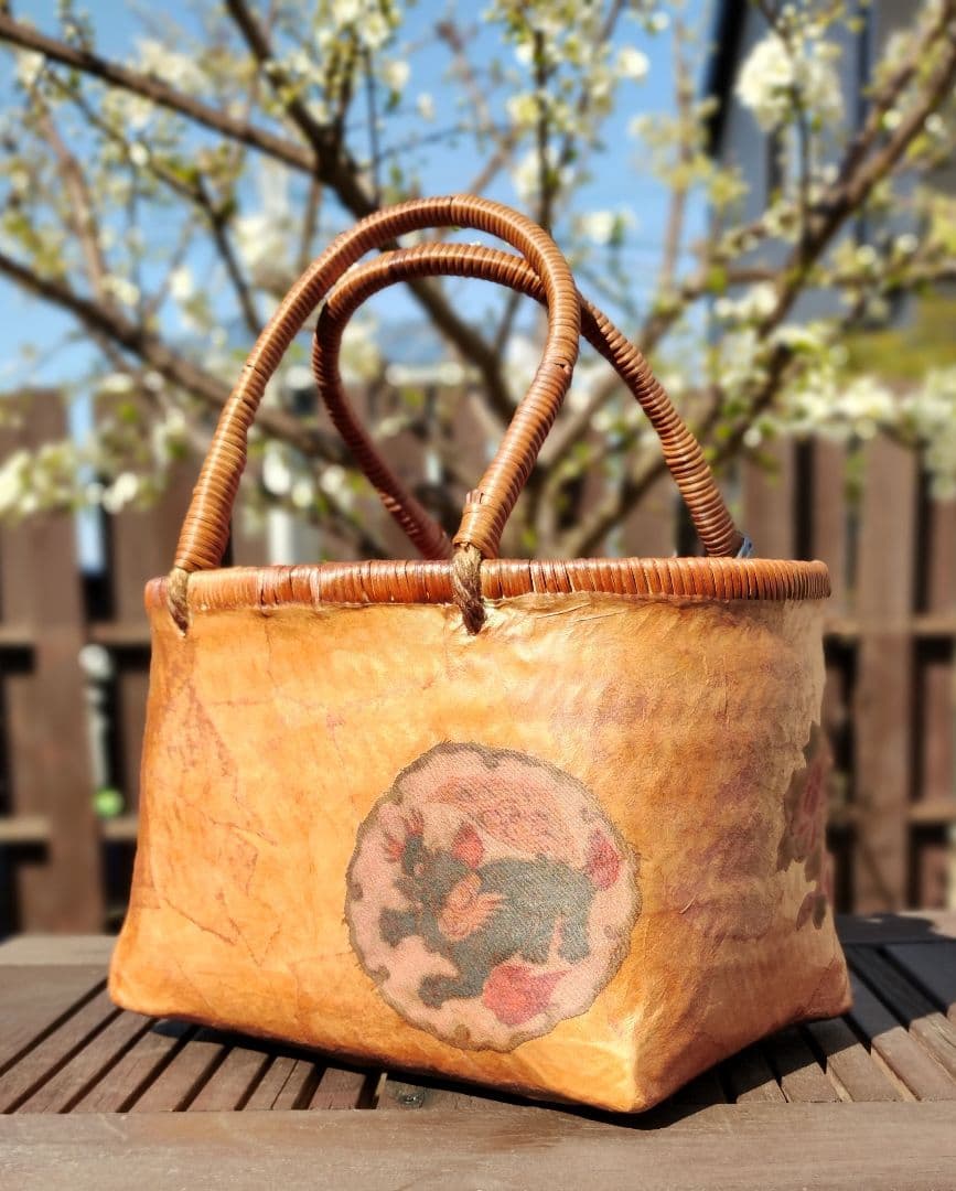 一閑張りバッグ　竹籠　柿渋　ハンドメイド　獅子