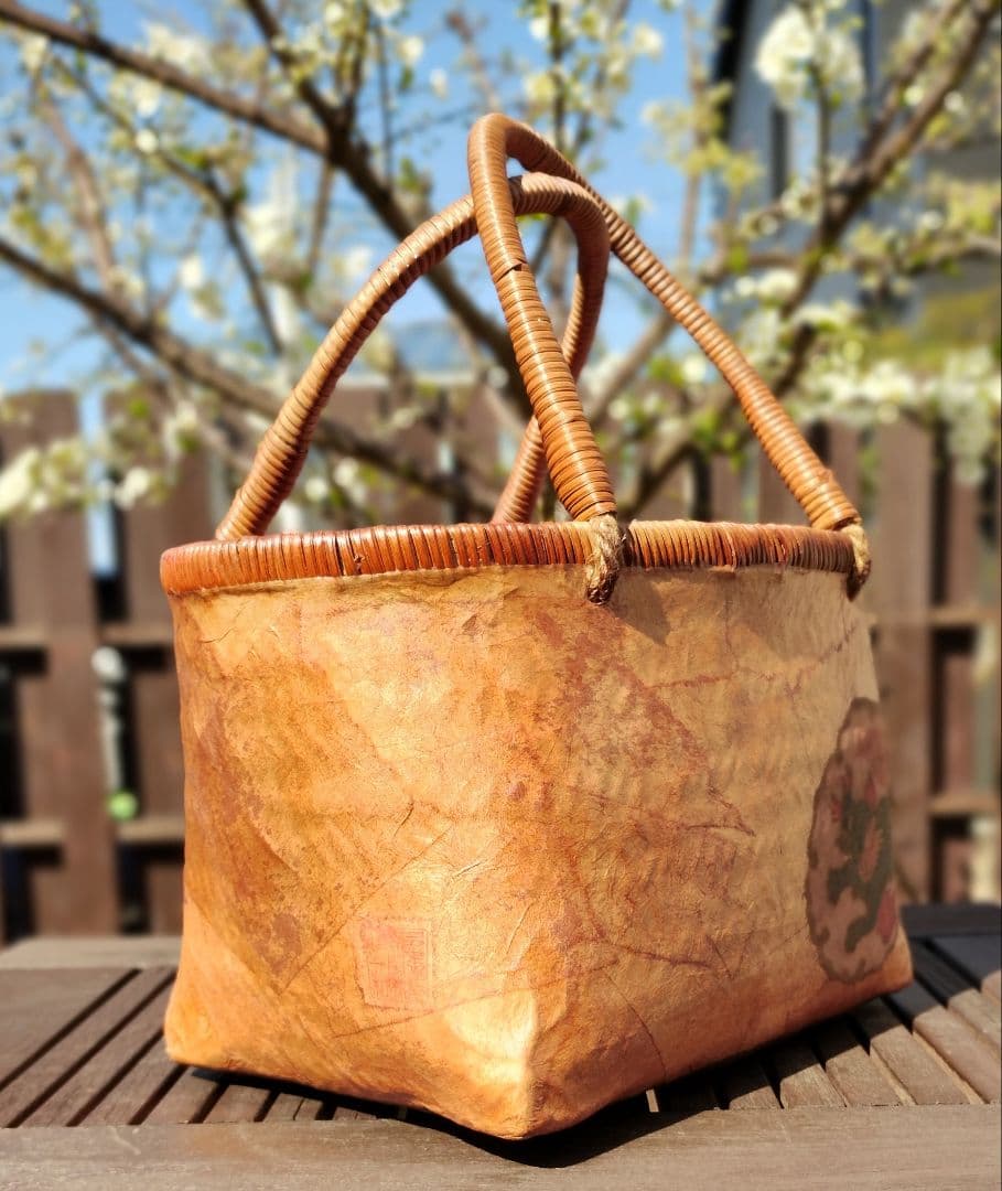 一閑張りバッグ　竹籠　柿渋　ハンドメイド　獅子