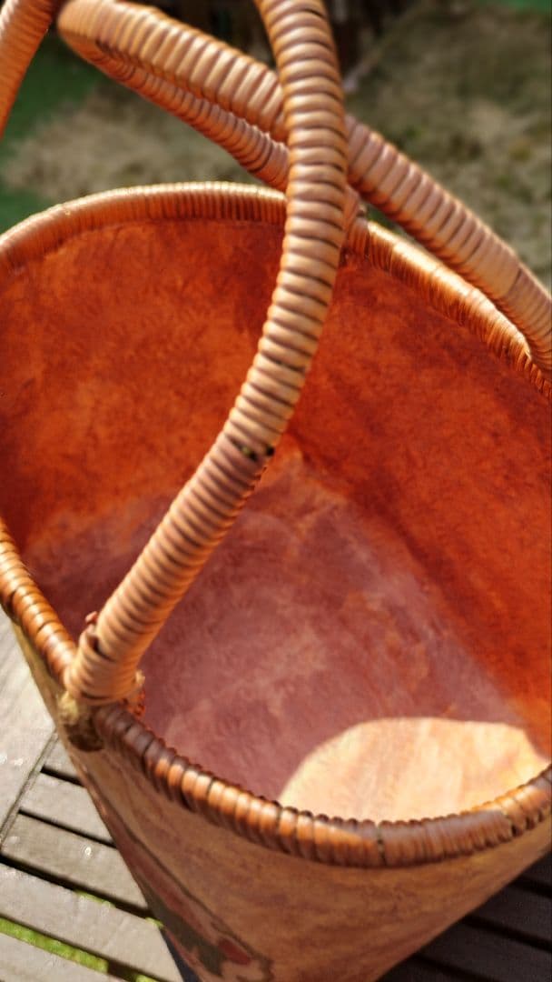 一閑張りバッグ　竹籠　柿渋　ハンドメイド　獅子